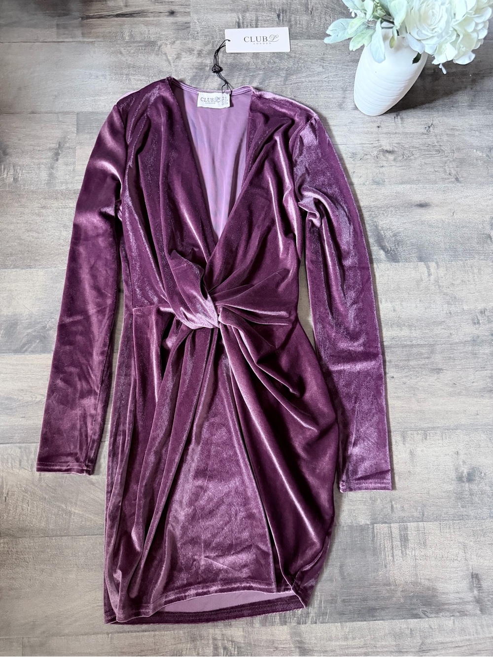 NWT Club L London Purple Velvet Twist-Front Long Sleeve Mini Dress - Picture 4 of 9